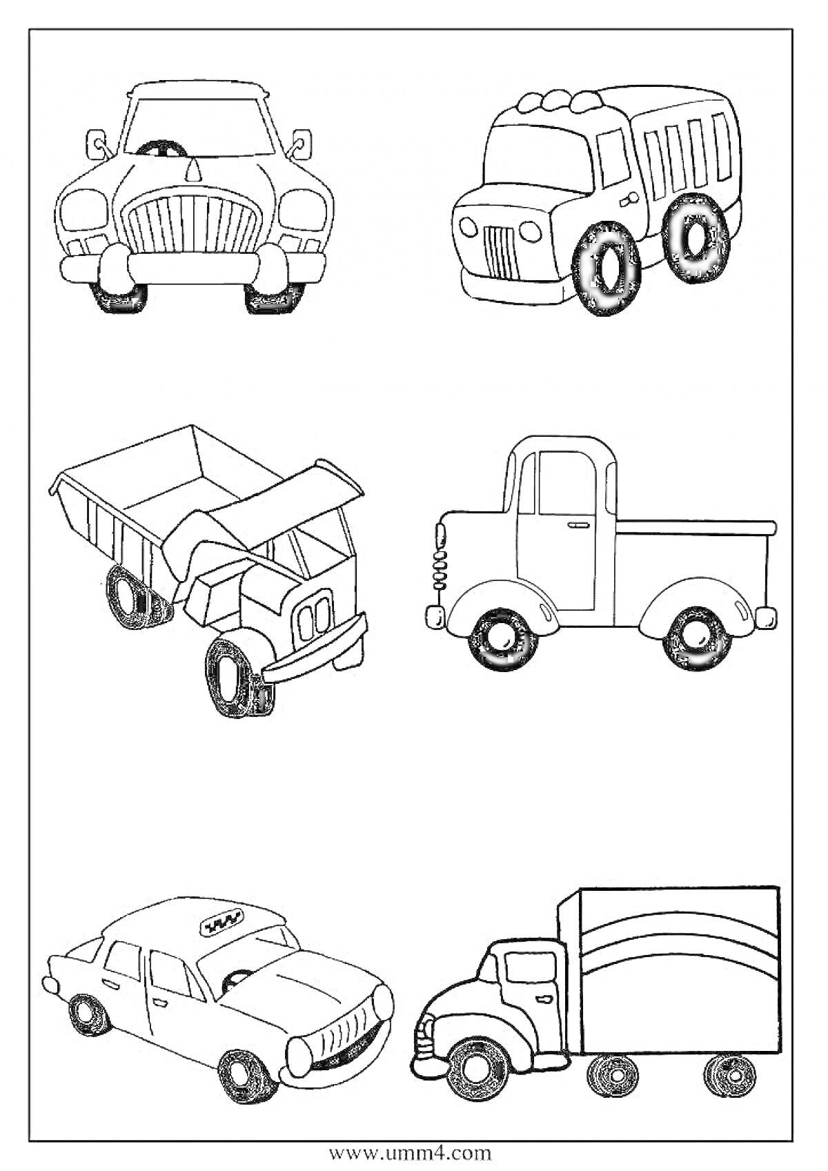 Раскраска шесть различных машин, включая легковой автомобиль, автобус, грузовик с прицепом, самосвал, пикап и большой грузовой автомобиль