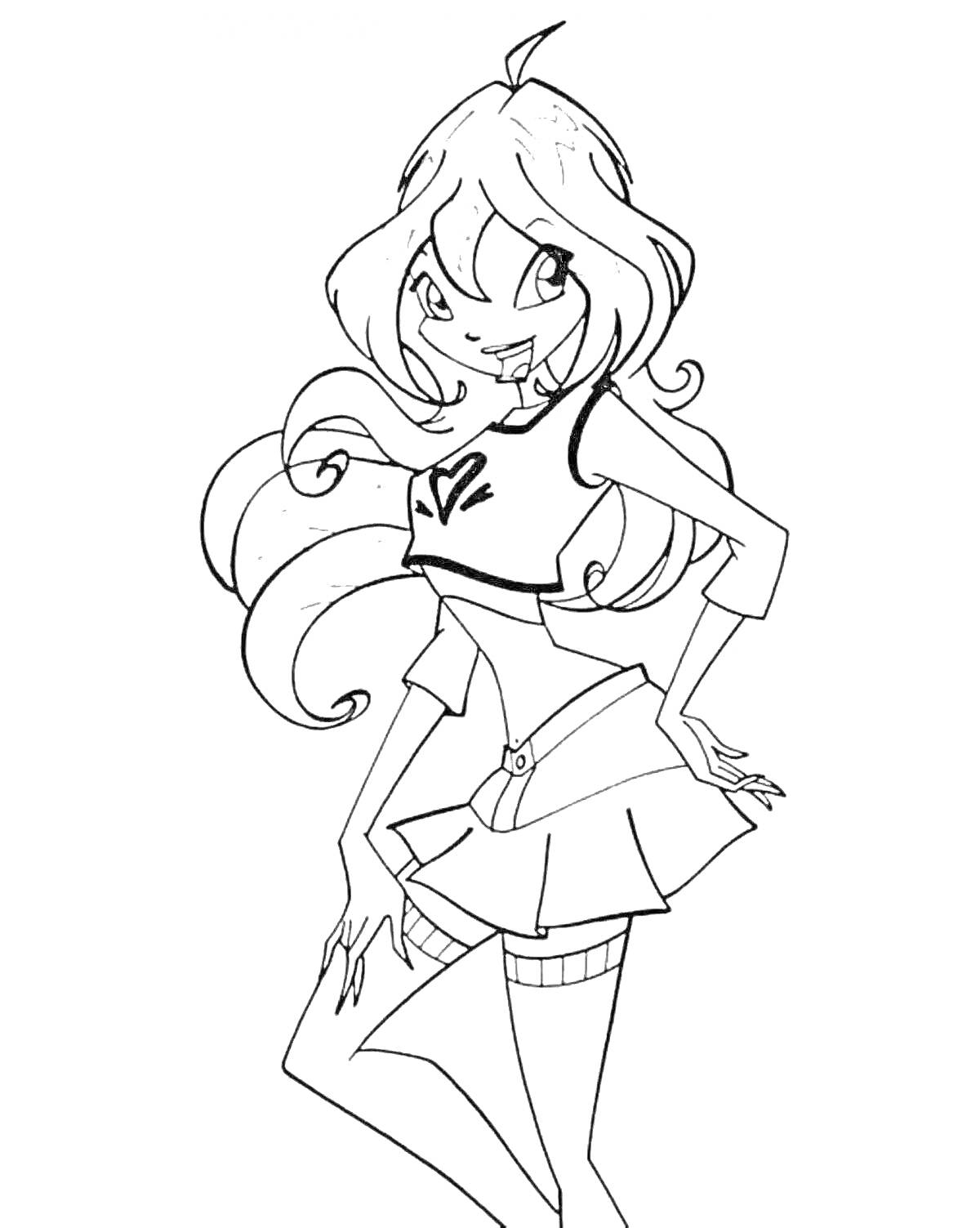 Раскраска Девушка с длинными волосами в футболке и юбке