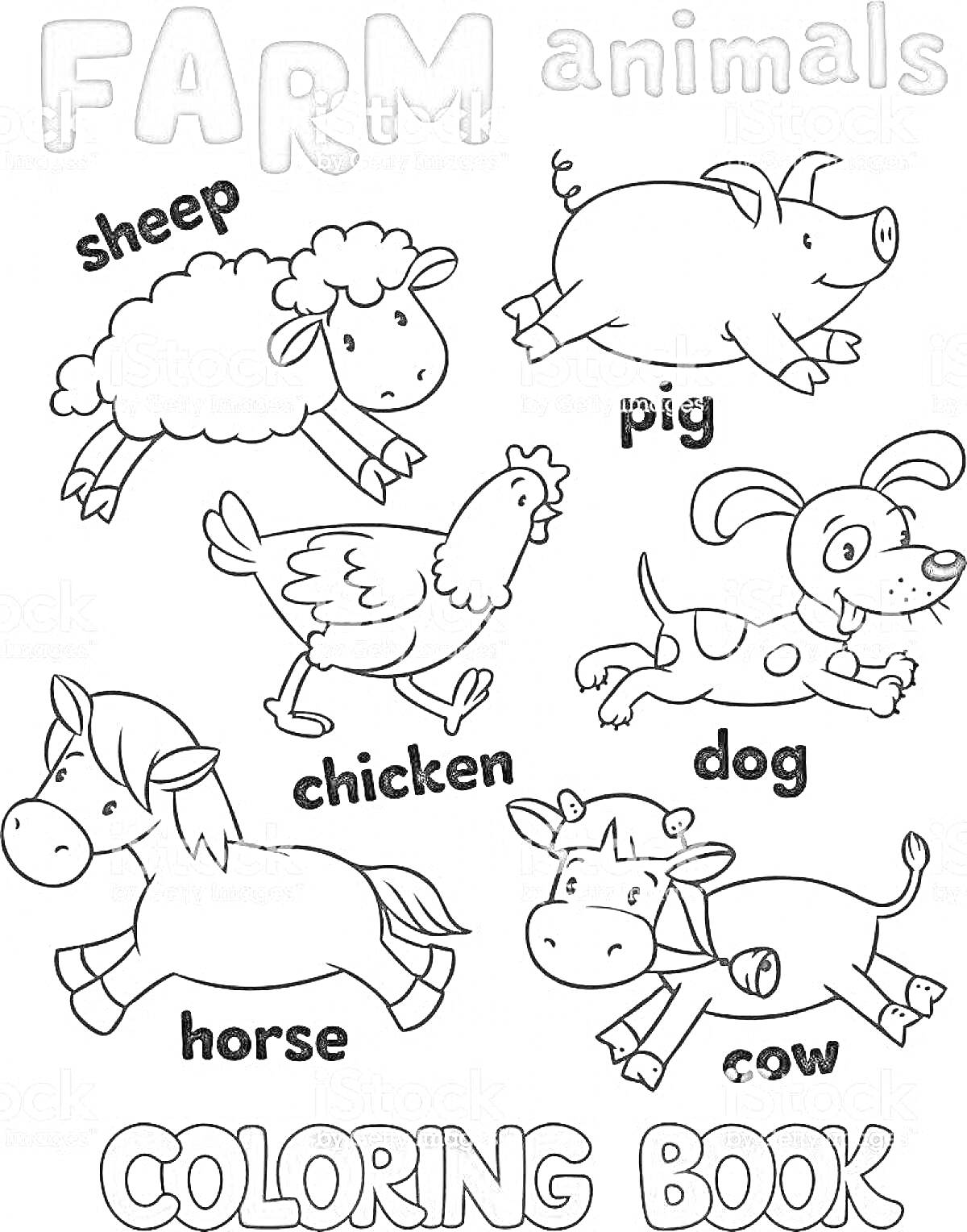 Раскраска Farm animals - sheep, pig, chicken, dog, horse, cow