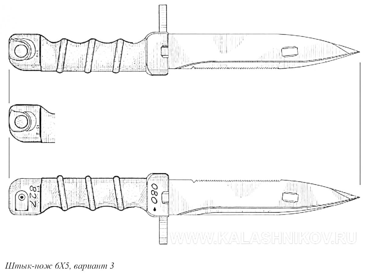 Раскраска Штык-нож 6Х5 (Вариант 3) с рельефной рукояткой и сквозным отверстием на клинке