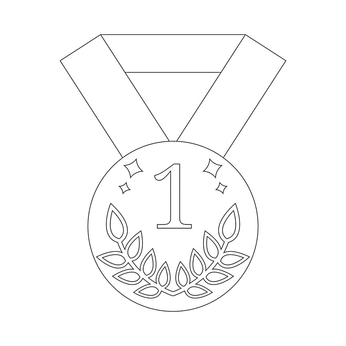 На раскраске изображено: Медаль, 1 место, Награда, Лавровые листья, Лента, Победа