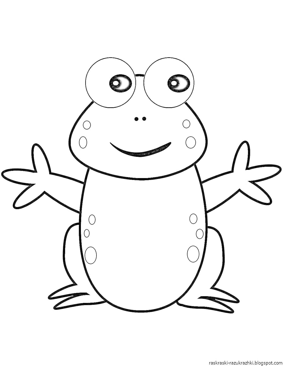 Раскраска Лягушка с большими глазами, с пятнами на теле и ладошками растопыренными в стороны на раскраске