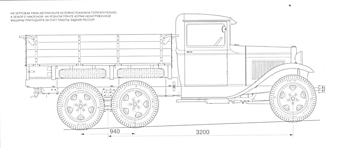 Раскраска Грузовик ГАЗ АА Полуторка, вид сбоку, технический чертеж с размерами