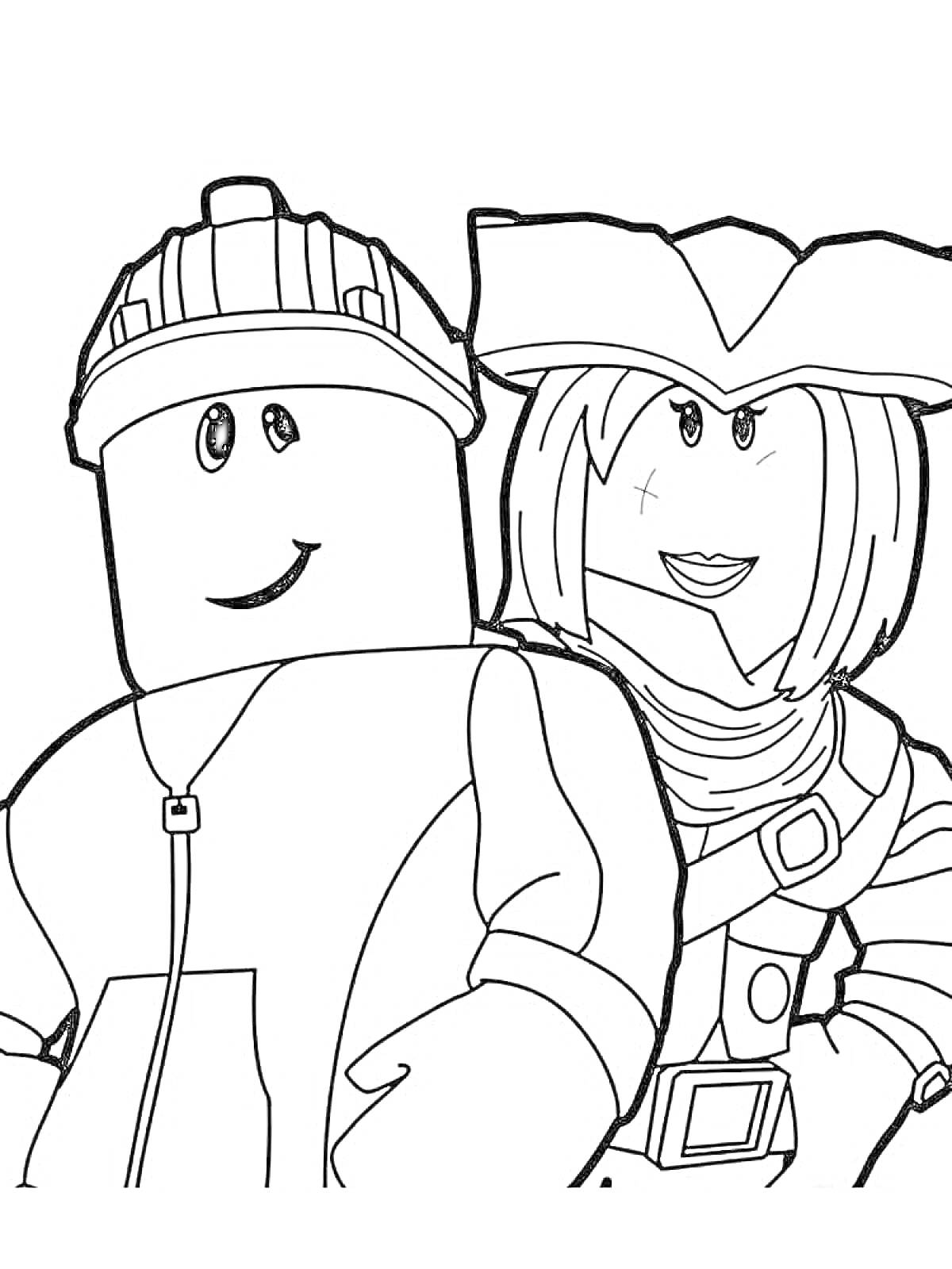 Раскраска Два персонажа в стиле Roblox: один в шлеме и толстовке, другой в пиратской шляпе и наряде