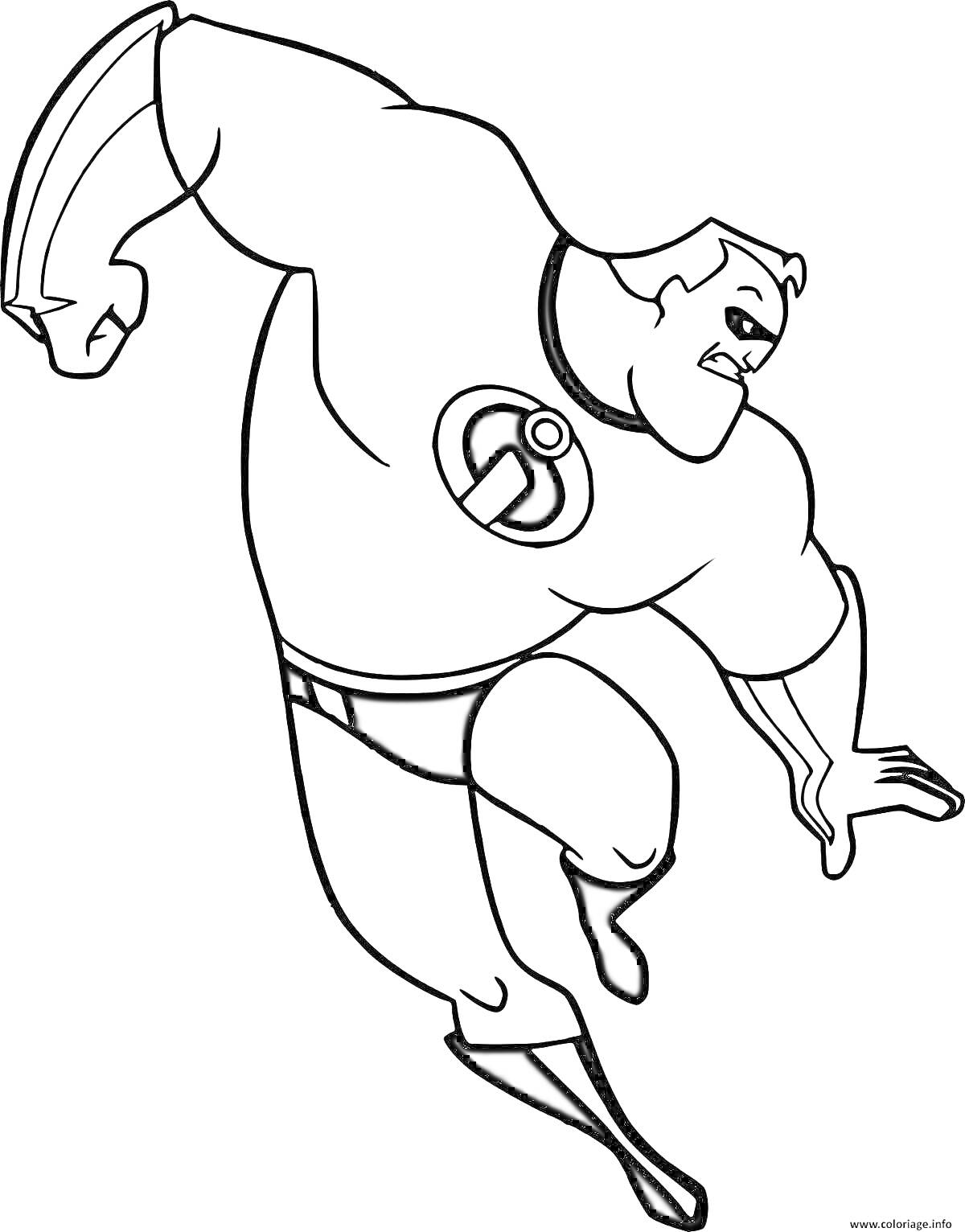 Раскраска Супергерой в маске и костюме с логотипом на груди, в прыжке с согнутыми руками и ногами