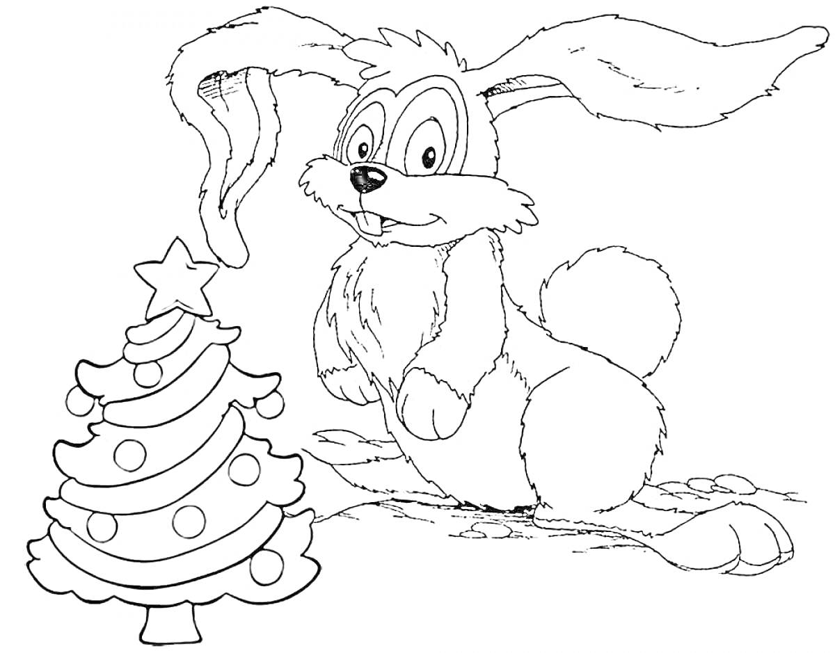 На раскраске изображено: Новогодний кролик, Украшения, Зима, Новый год, Животные, Елки, Праздники