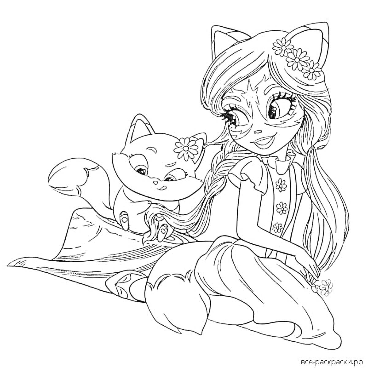 Раскраска Девочка с кошачьими ушками и раскраска с кошечкой, сидящей рядом на платье