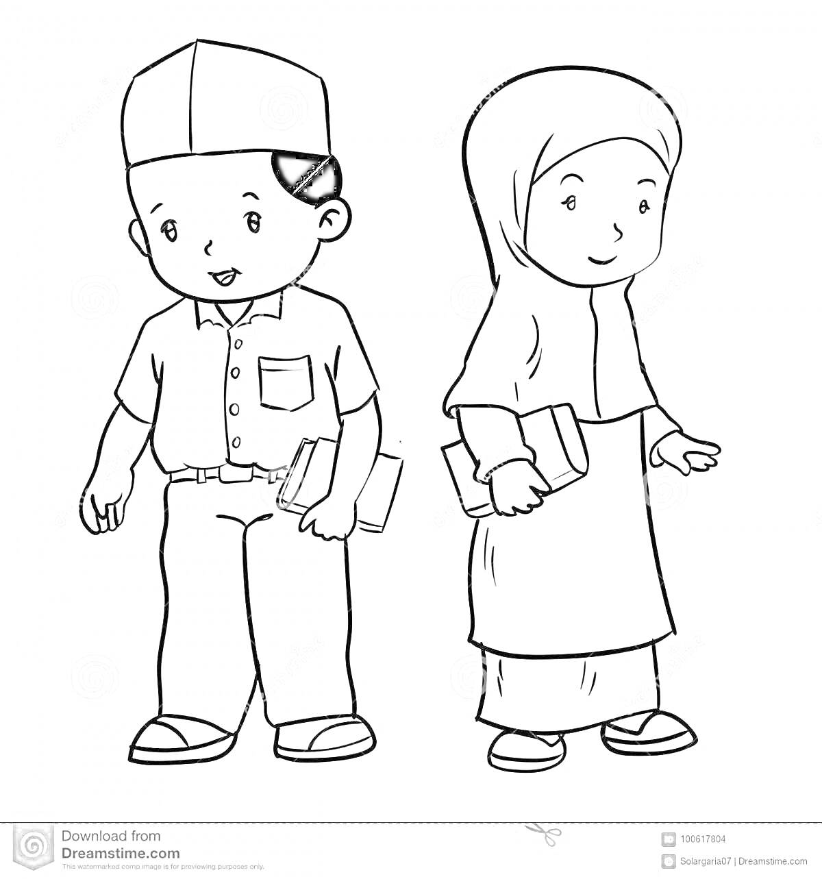 Раскраска Дети в мусульманской одежде с книгами