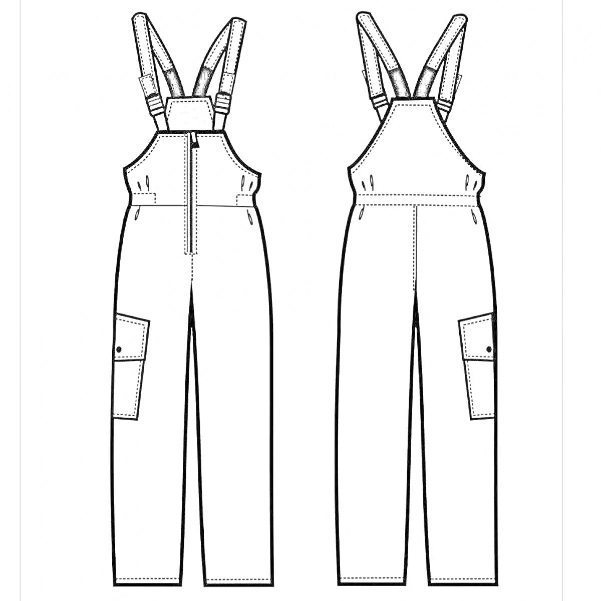 Комбинезон с широкими лямками и карманами с клапанами на бедрах, вид спереди и сзади