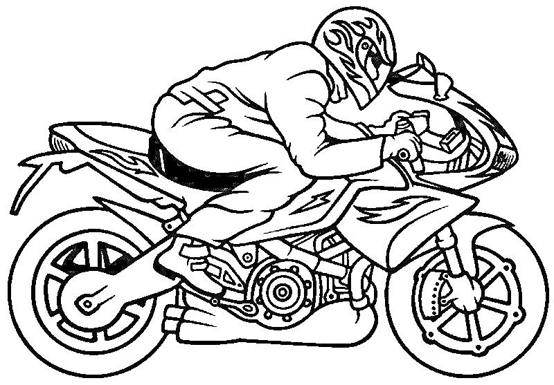 На раскраске изображено: Мотоциклист, Мотоцикл, Гонки, Скорость, Спорт, Трасса, Шлемы