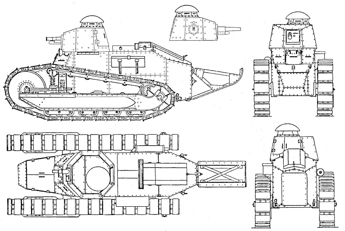 Раскраска Схематичное изображение танка МС-1 с разных ракурсов (вид сбоку, сверху, спереди и сзади)