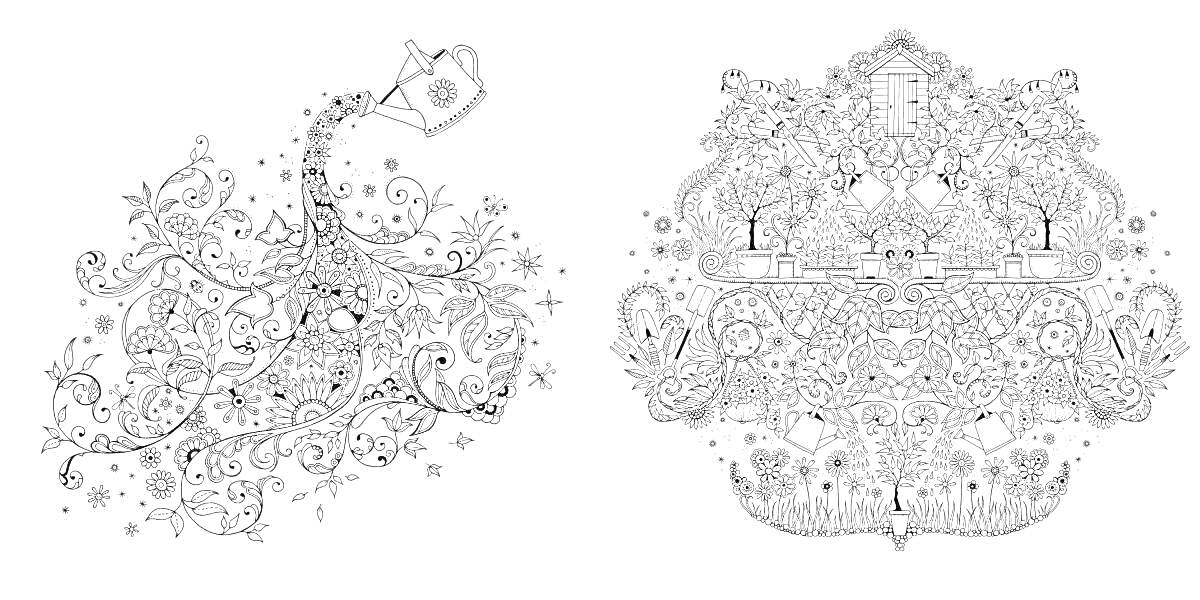 Раскраска Волшебный сад - левая часть с веткой и чайником, правая часть с домиком, деревьями, цветами и птицами.