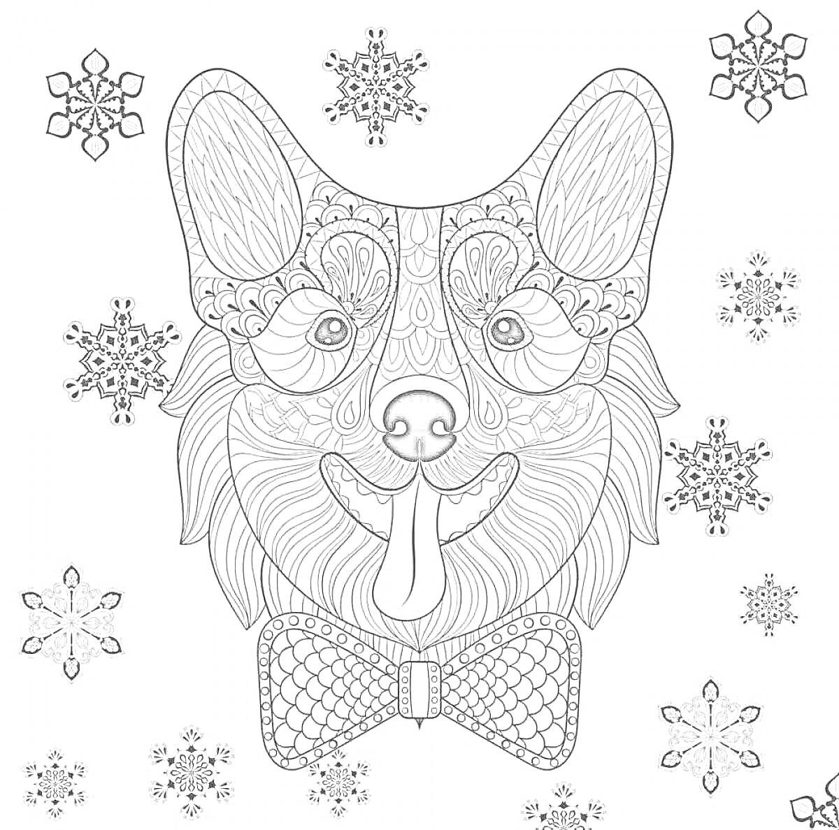 Раскраска Корги с бантиком в окружении снежинок