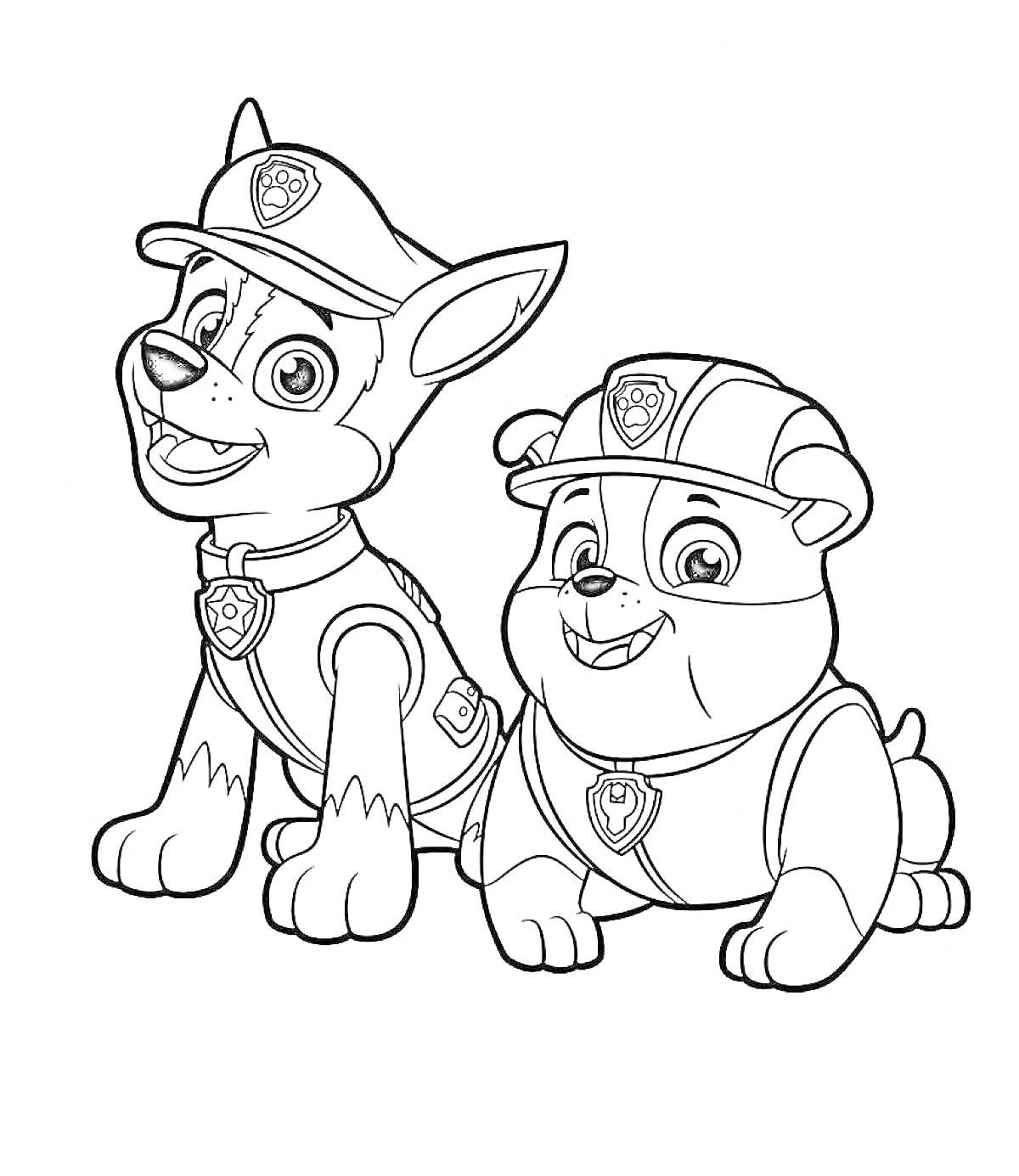 Раскраска Два щенка из Щенячьего патруля в униформе