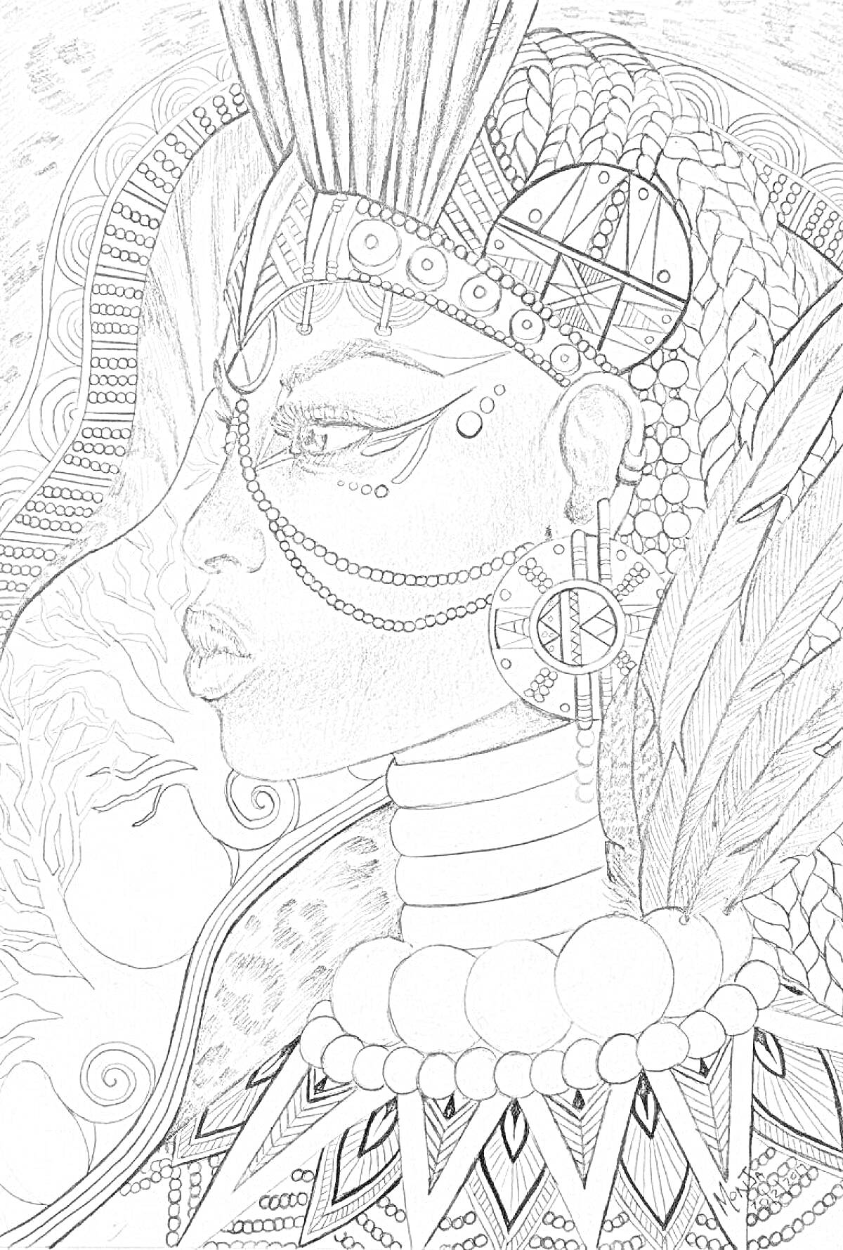 Раскраска Портрет Клеопатры с украшениями, перьями и узорами на фоне