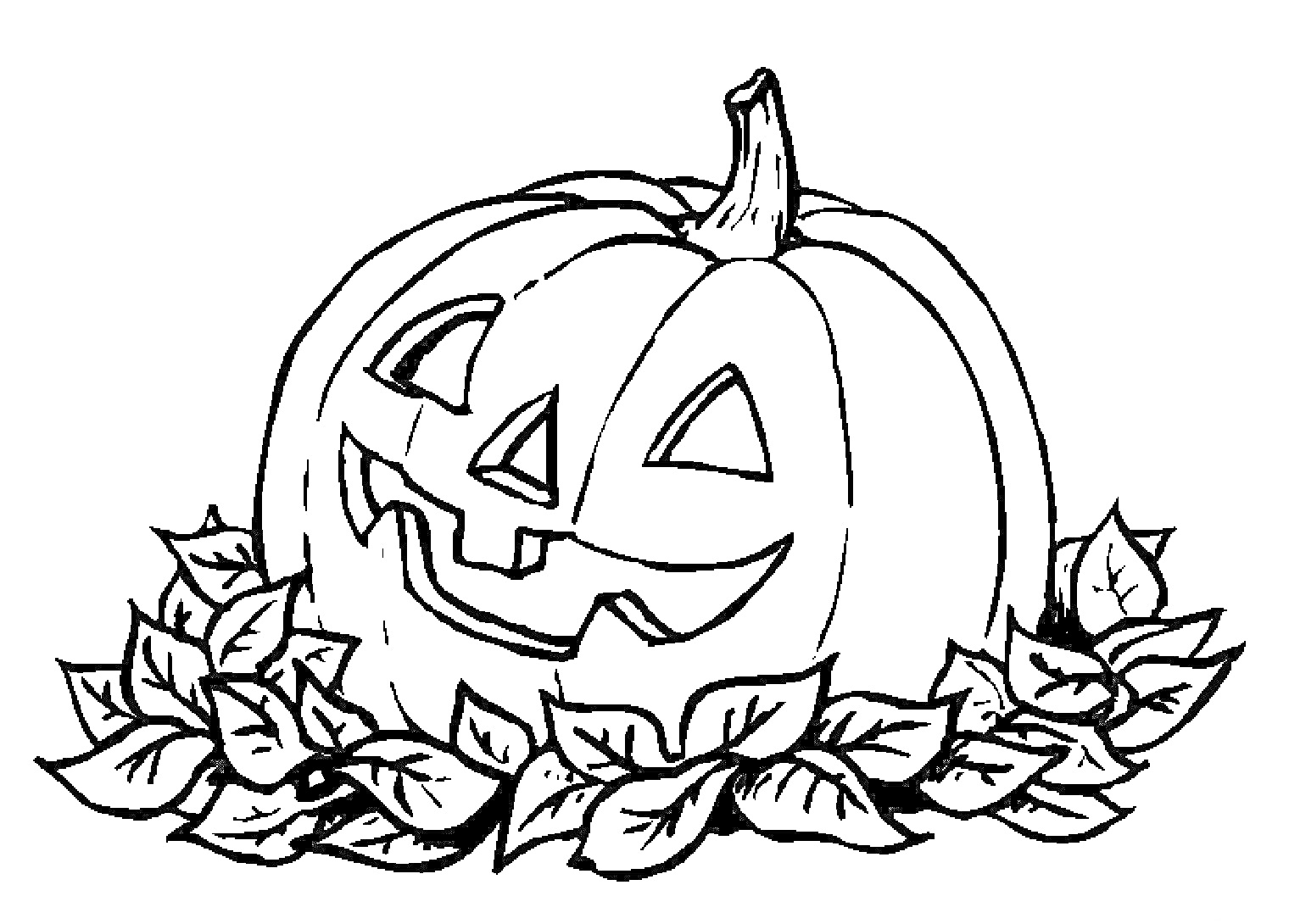 На раскраске изображено: Хэллоуин, Тыква, Осенние листья, Осень, Праздники