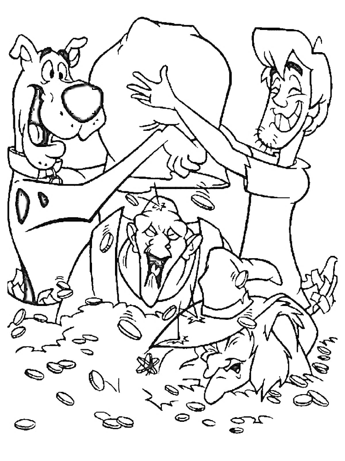 Раскраска Скуби Ду и Шэгги с кучей золотых монет, злодей в ловушке