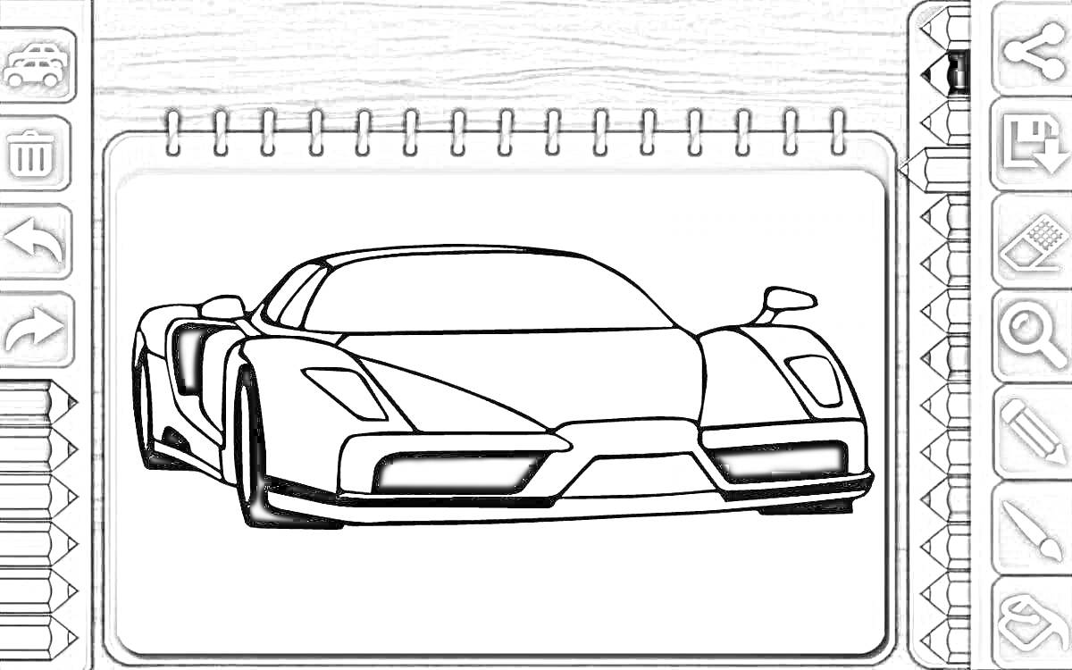 Раскраска Чертеж спортивного автомобиля, элементы боковой панели с иконками, автомобиль с элементами капота и крыла