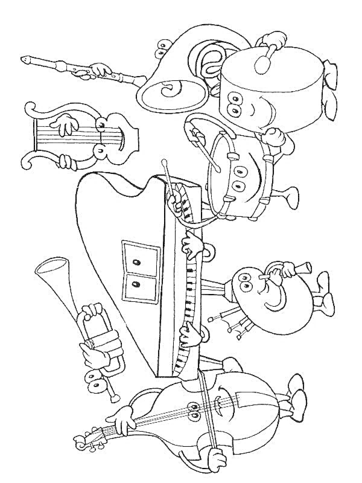 На раскраске изображено: Музыкальные инструменты, Контрабас, Гобой, Пианино, Антропоморфные персонажи, Музыка