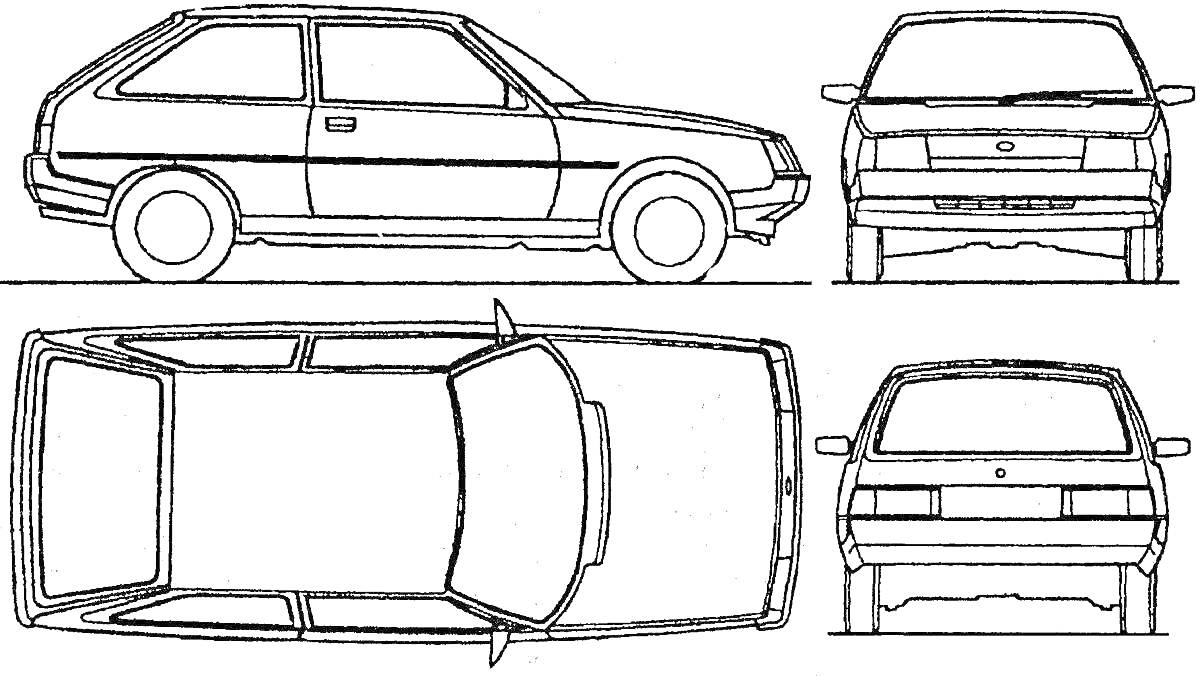 Раскраска Легковой автомобиль с видом сбоку, сзади и сверху