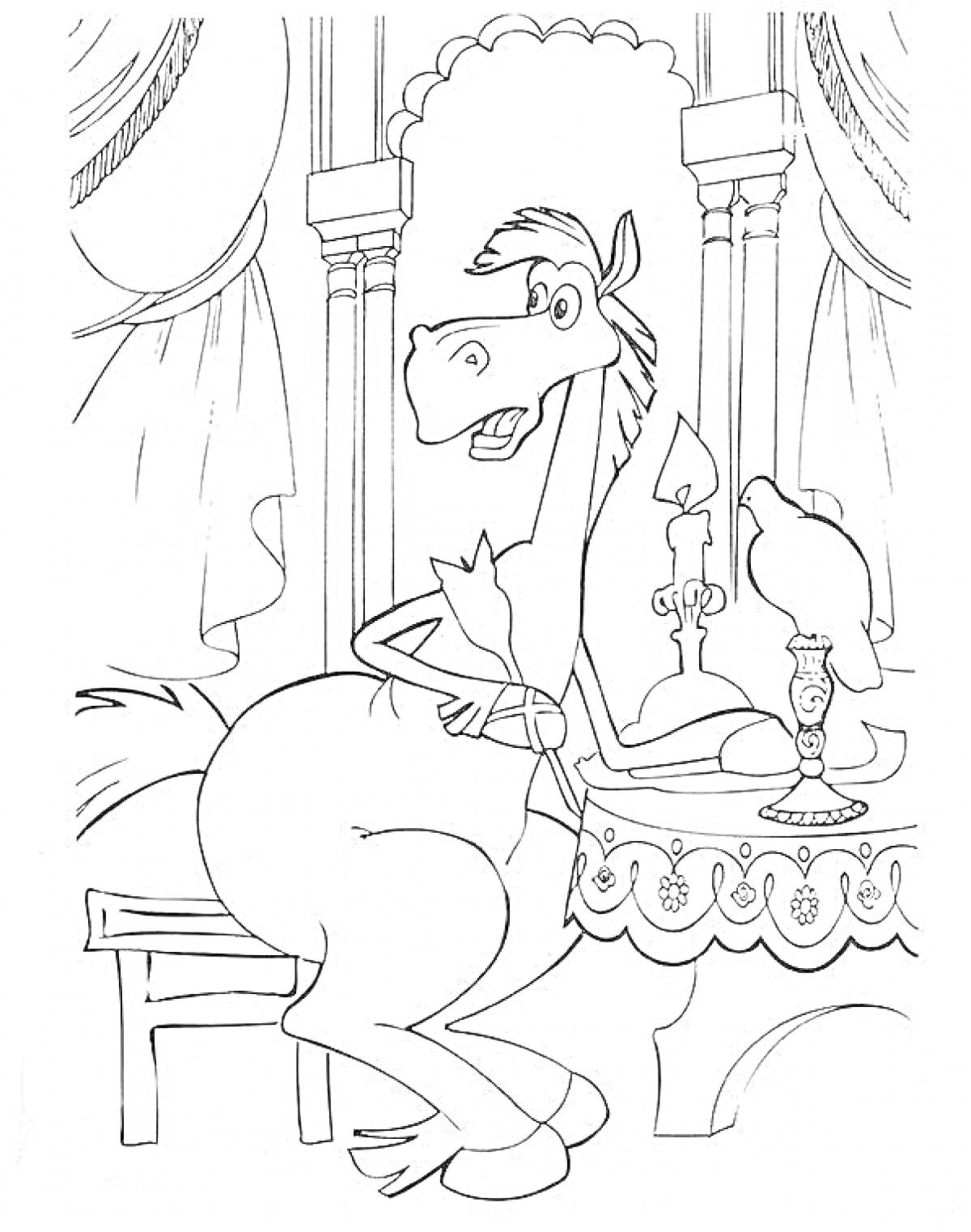 На раскраске изображено: Конь, Юлий, Стол, Штора, Лампа, Три богатыря