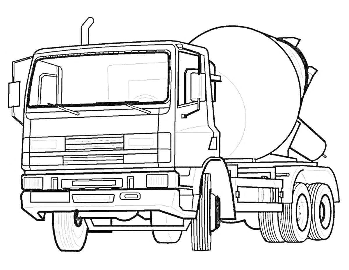 Раскраска Грузовик-бетономешалка с кабиной и бетоносмесительным барабаном