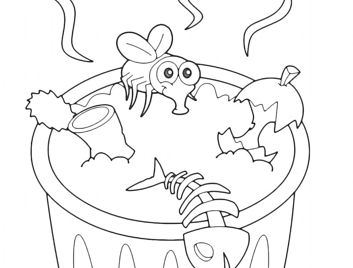 Раскраска Муха над мусорным ведром с рыбным скелетом, объедками и костями