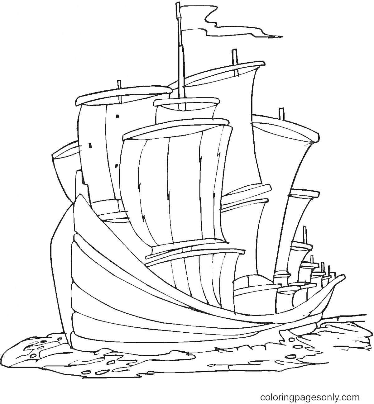 На раскраске изображено: Петр I, Корабль, История, Мореплавание, Для детей, Море, Вода