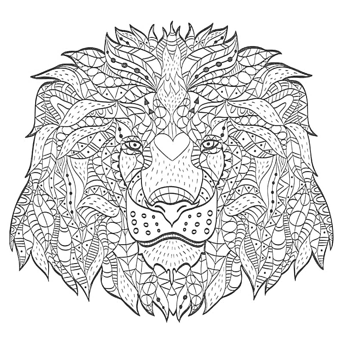 Антистресс раскраска с оригинальным узором львиного лица и множеством мелких деталей, включая геометрические формы, линии и текстуры.
