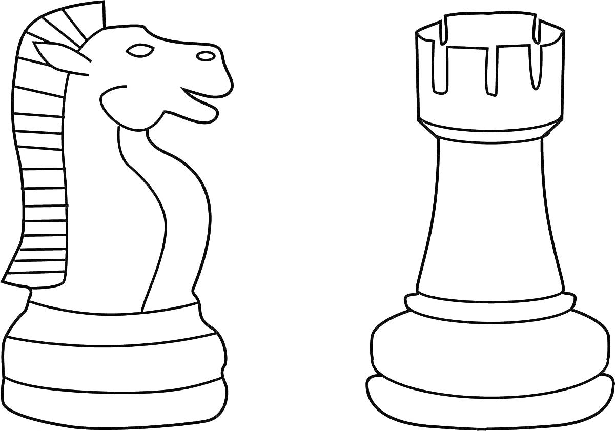 На раскраске изображено: Шахматы, Конь, Ладья, Фигуры, Игра, Раскрашивание, Контурные рисунки