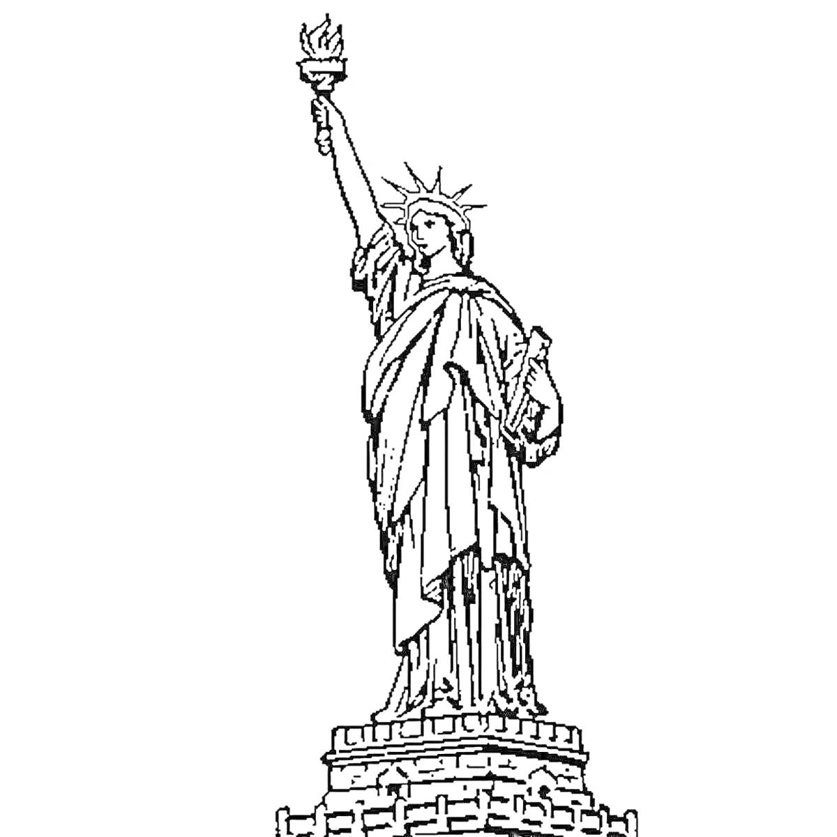 На раскраске изображено: Статуя Свободы, Факел, Табличка, Постамент, Свобода, США