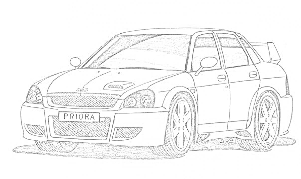 Раскраска Автомобиль Лада Приора с номерным знаком PRIORA, спойлером, воздуховодом на капоте, легкосплавными дисками