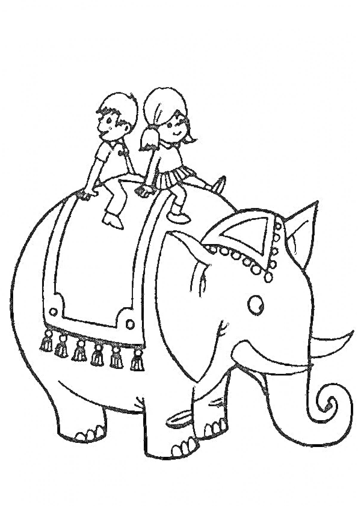 Раскраска Дети, сидящие на слоне в убранстве