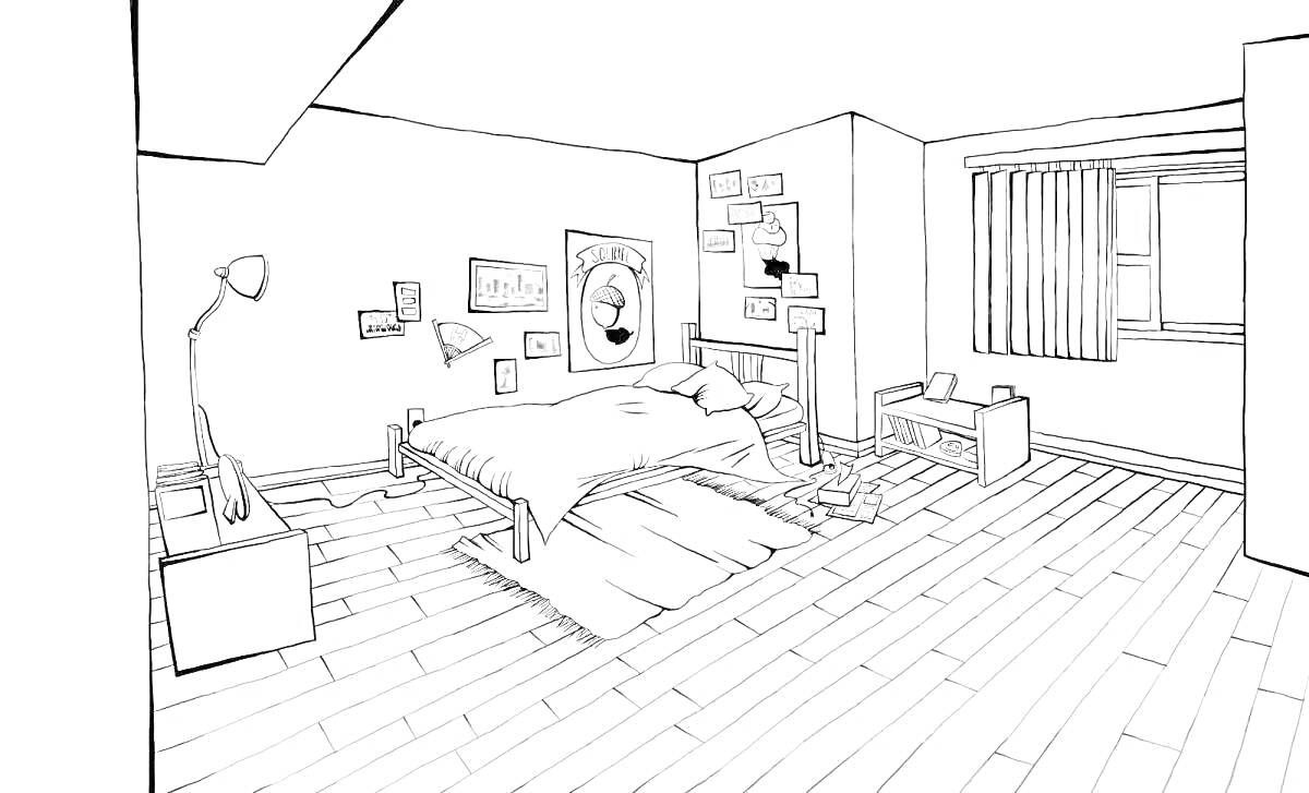 На раскраске изображено: Спальня, Лампа, Рабочий стол, Шторы, Деревянный пол, Мебель