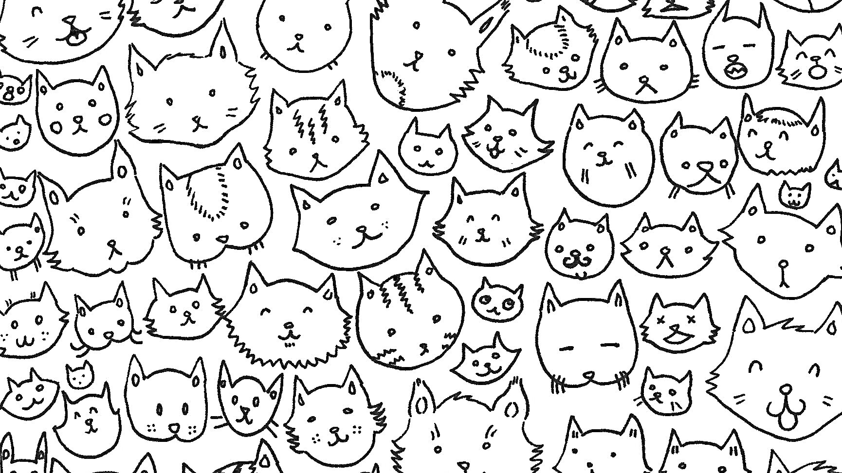 Раскраска Лист с различными мордочками котов. Включает разные выражения лиц и формы ушей.