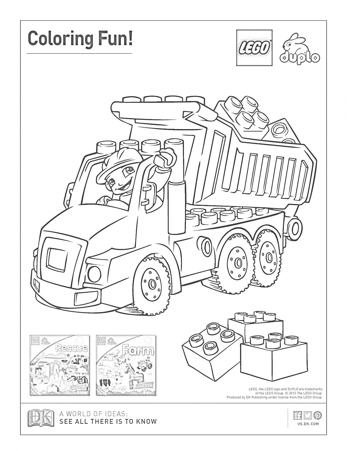 Раскраска Грузовик Лего Дупло с деталями