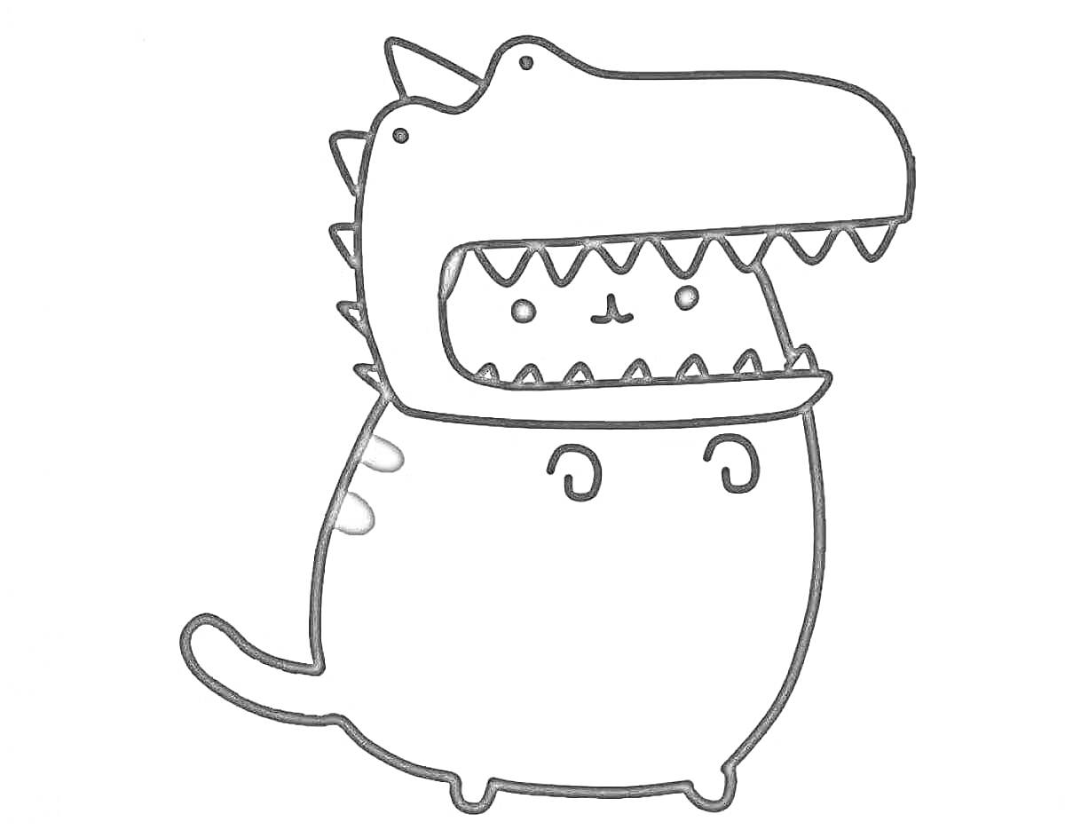 Раскраска Пушин в костюме динозавра с открытой пастью