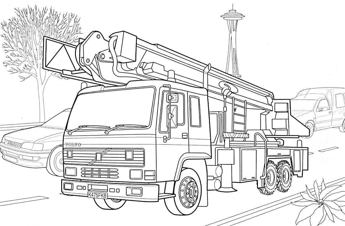 Раскраска Пожарная машина на дороге в городе с башней на заднем плане, машинами и деревьями по бокам