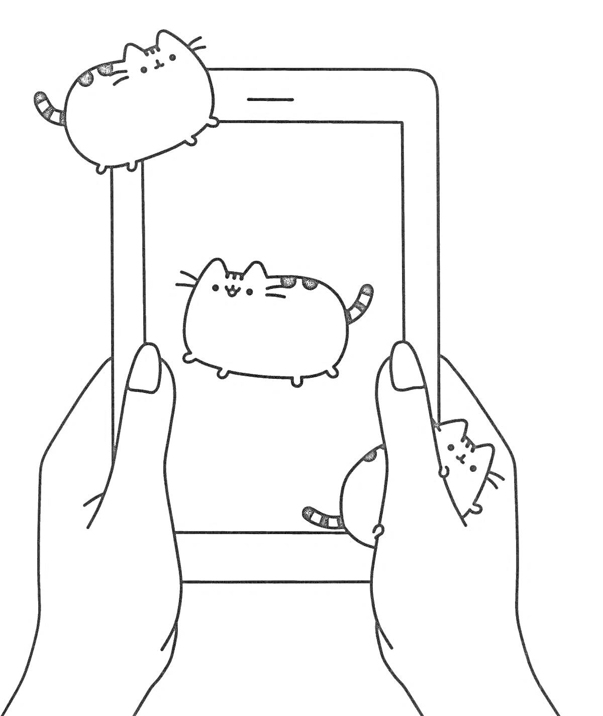 Раскраска Три котика на экране телефона, который держат руки