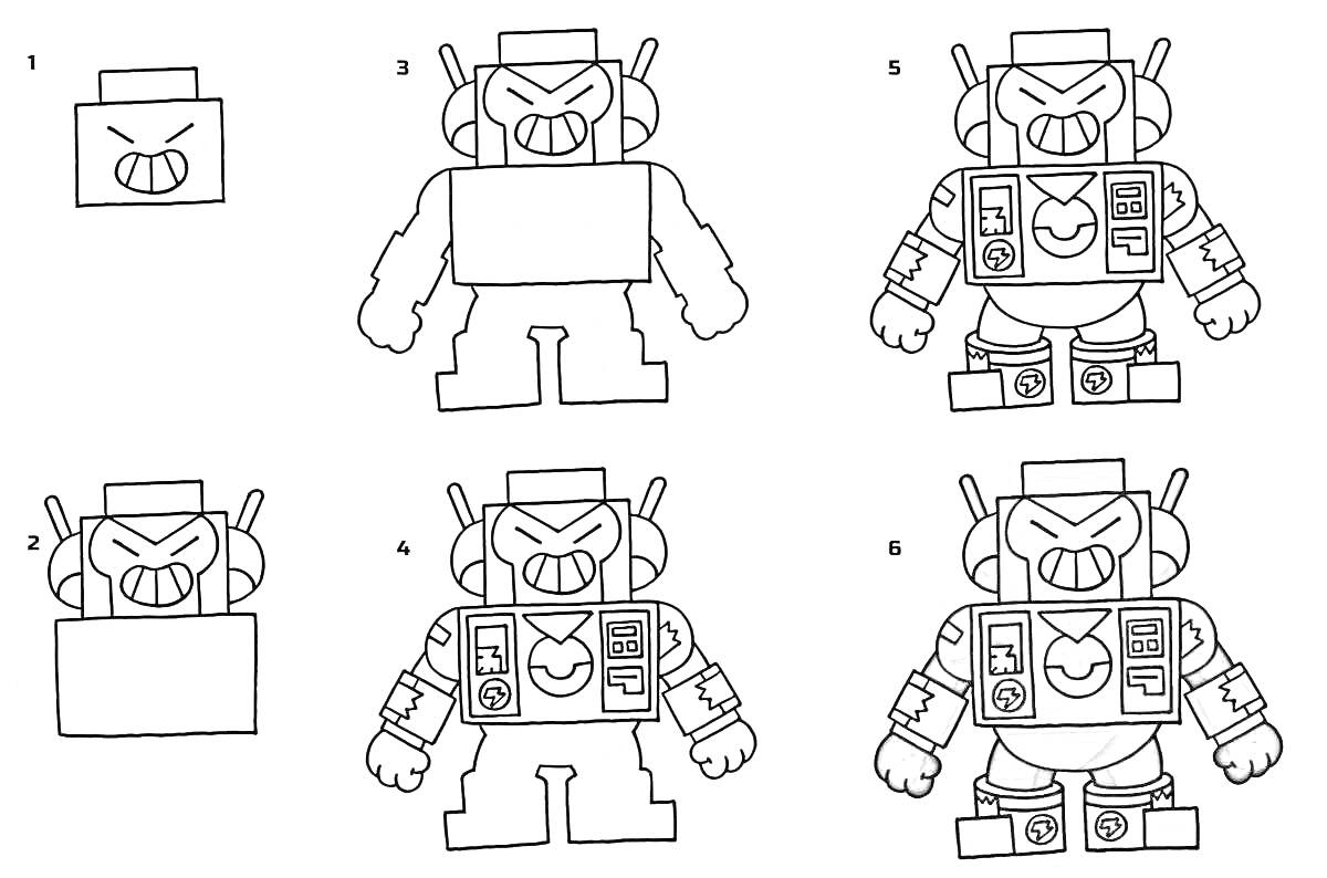РаскраскаВольта из Бравл Старс, последовательность раскрашивания: шаги 1 - 6, включая глаза, антенны, панель управления на груди, руки, ноги, кнопки и панели на руках