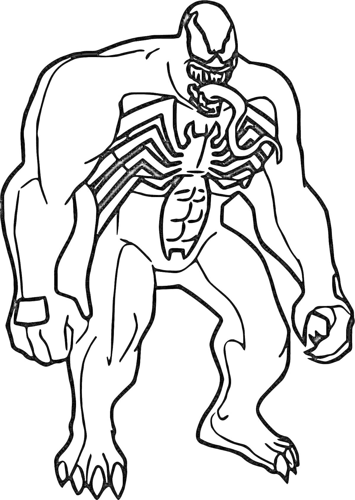 Раскраска Веном в агрессивной позе с длинным языком и паучьим символом на груди