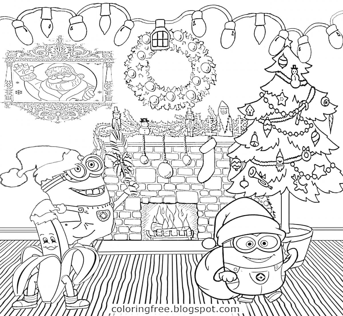 На раскраске изображено: Миньоны, Новый год, Камин, Огонь, Новогодняя ёлка, Венок, Гирлянда, Праздники
