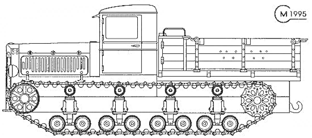 Раскраска Трактор гусеничный с кабиной и кузовом, двигатель, колёсная база с гусеницами, буксирные крюки, смотровые окна, выхлопная труба