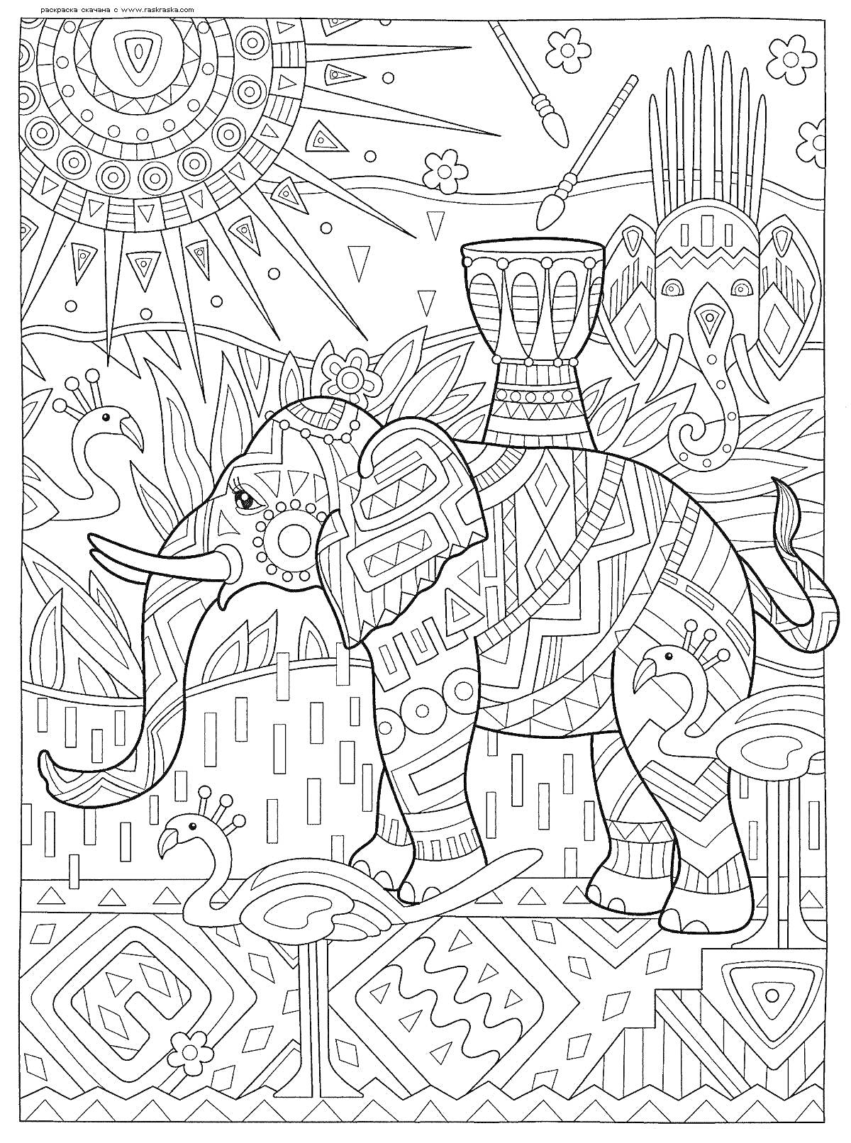 Раскраска Слон по номерам с узорами, цветами, солнцем и птицами