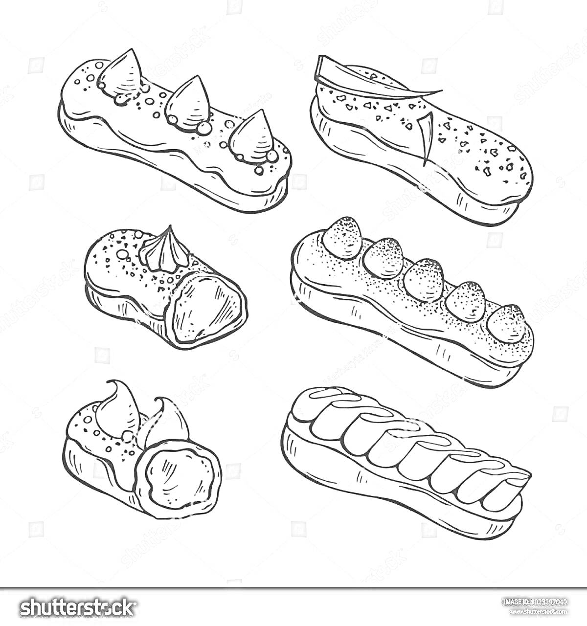 На раскраске изображено: Эклер, Кондитерские изделия, Выпечка, Крем, Сладости, Украшения