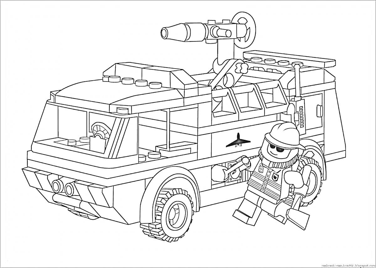 Раскраска Лего пожарный грузовик с пожарным и лестницей