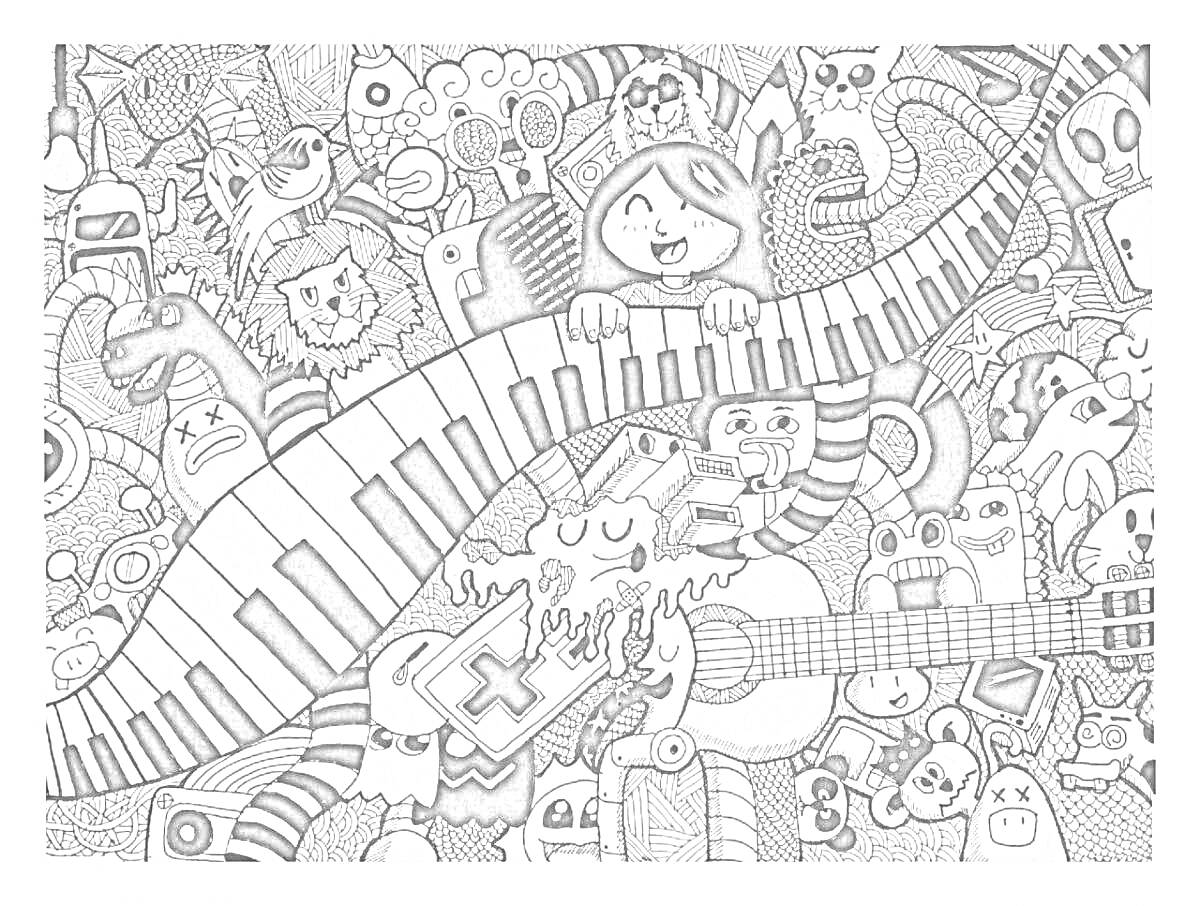 На раскраске изображено: Пианино, Черные волосы, Косынка, Радость, Музыкальные инструменты, Кукла, Девочка, Инди кид