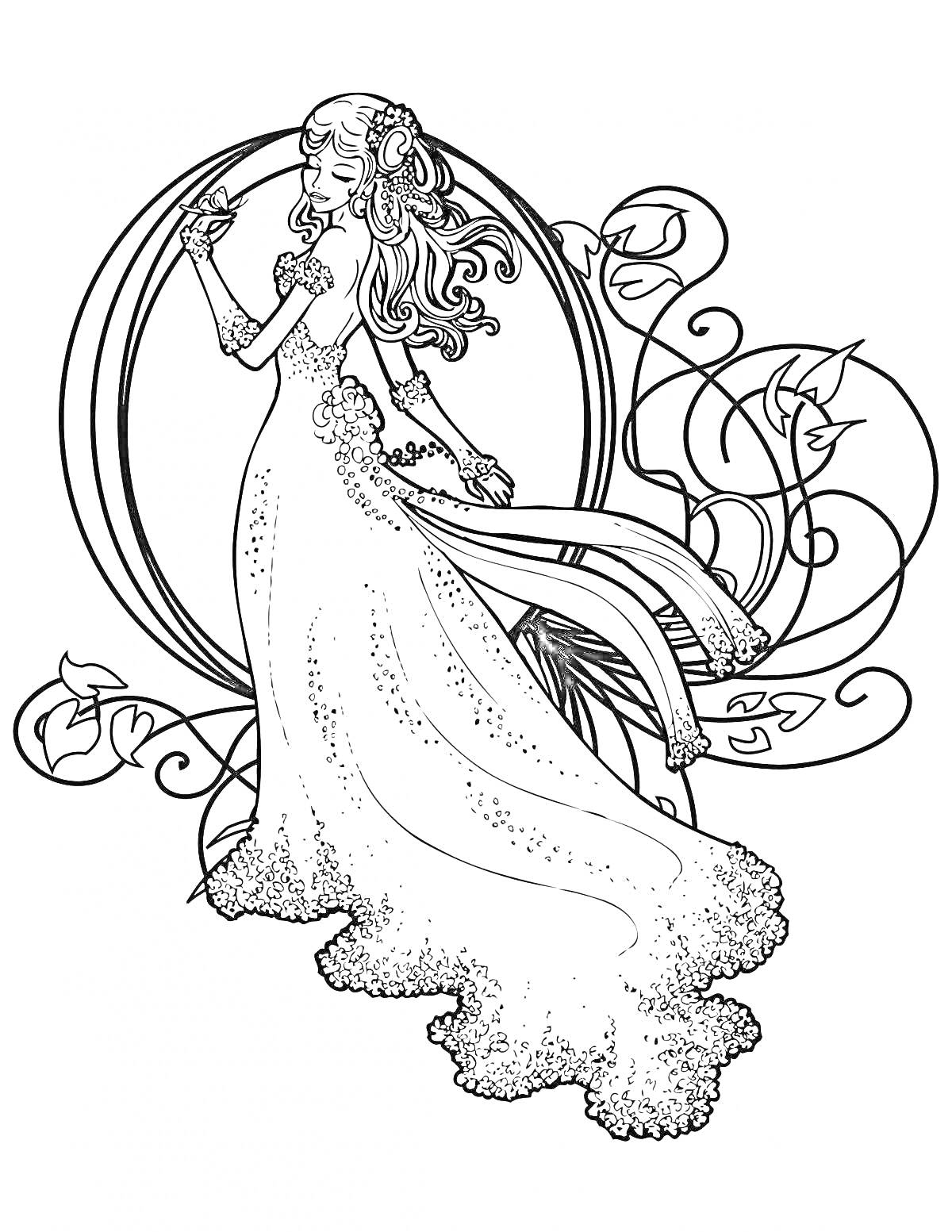 На раскраске изображено: Невеста, Свадебное платье, Узоры, Завитки, Цветы, Свадьба, Жених
