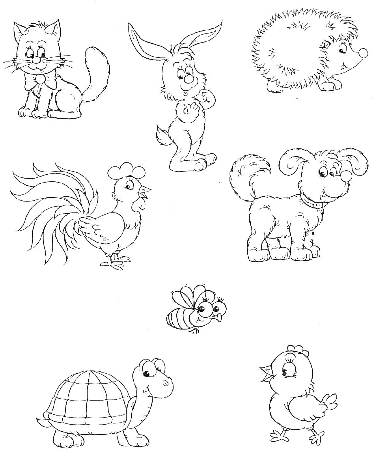 На раскраске изображено: Заяц, Еж, Петух, Черепаха, Животные, Контурные рисунки