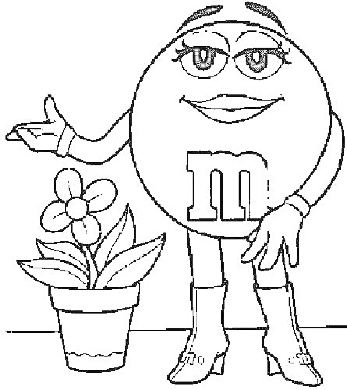 Раскраска Женский персонаж M&M's в сапогах и перчатках, указывает на цветок в горшке